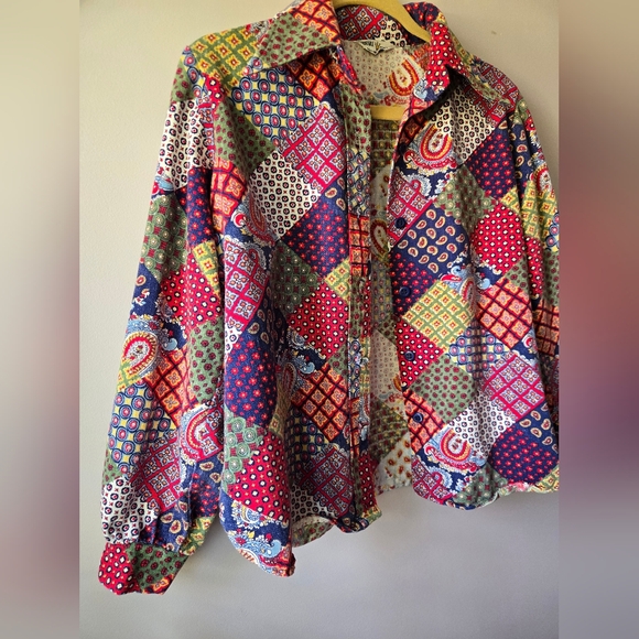 VTG 1970s Multi-Pattern Patchwork Button Down Shirt - Size Med-Large - Picture 2 of 13
